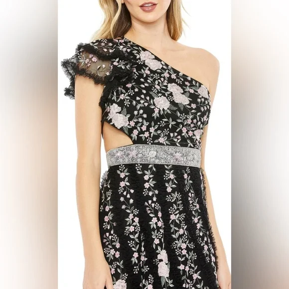 Mac Duggal Floral Embroidered One Shoulder Formal Open Back Gown - 4 - Picture 2 of 4